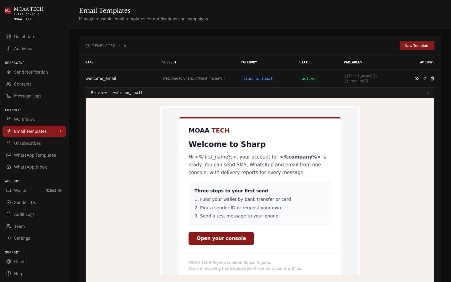 Email template list with a branded welcome email preview