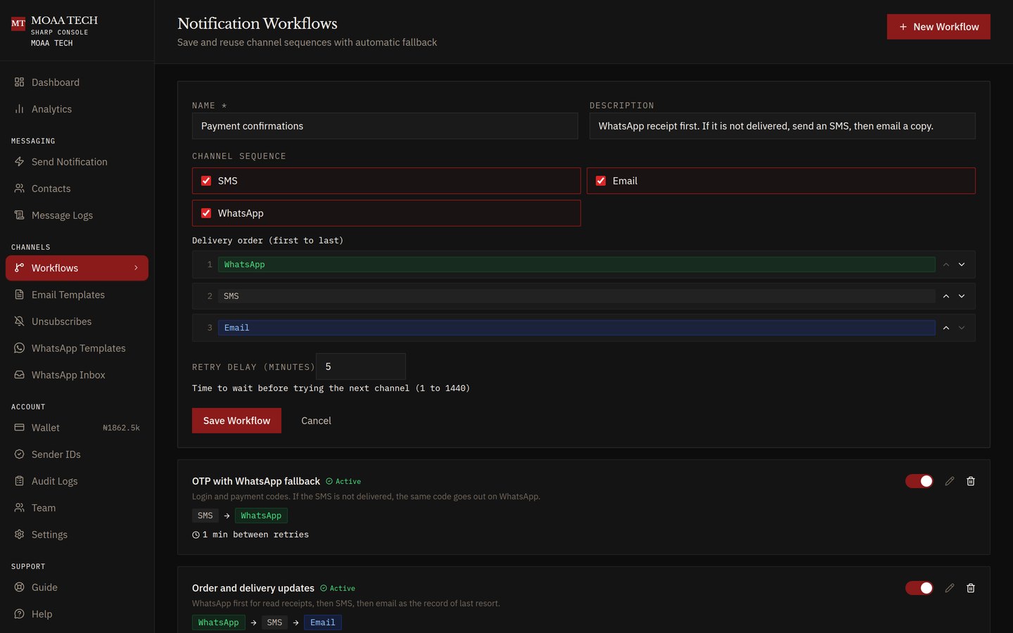 Workflow builder setting the channel order WhatsApp, then SMS, then email